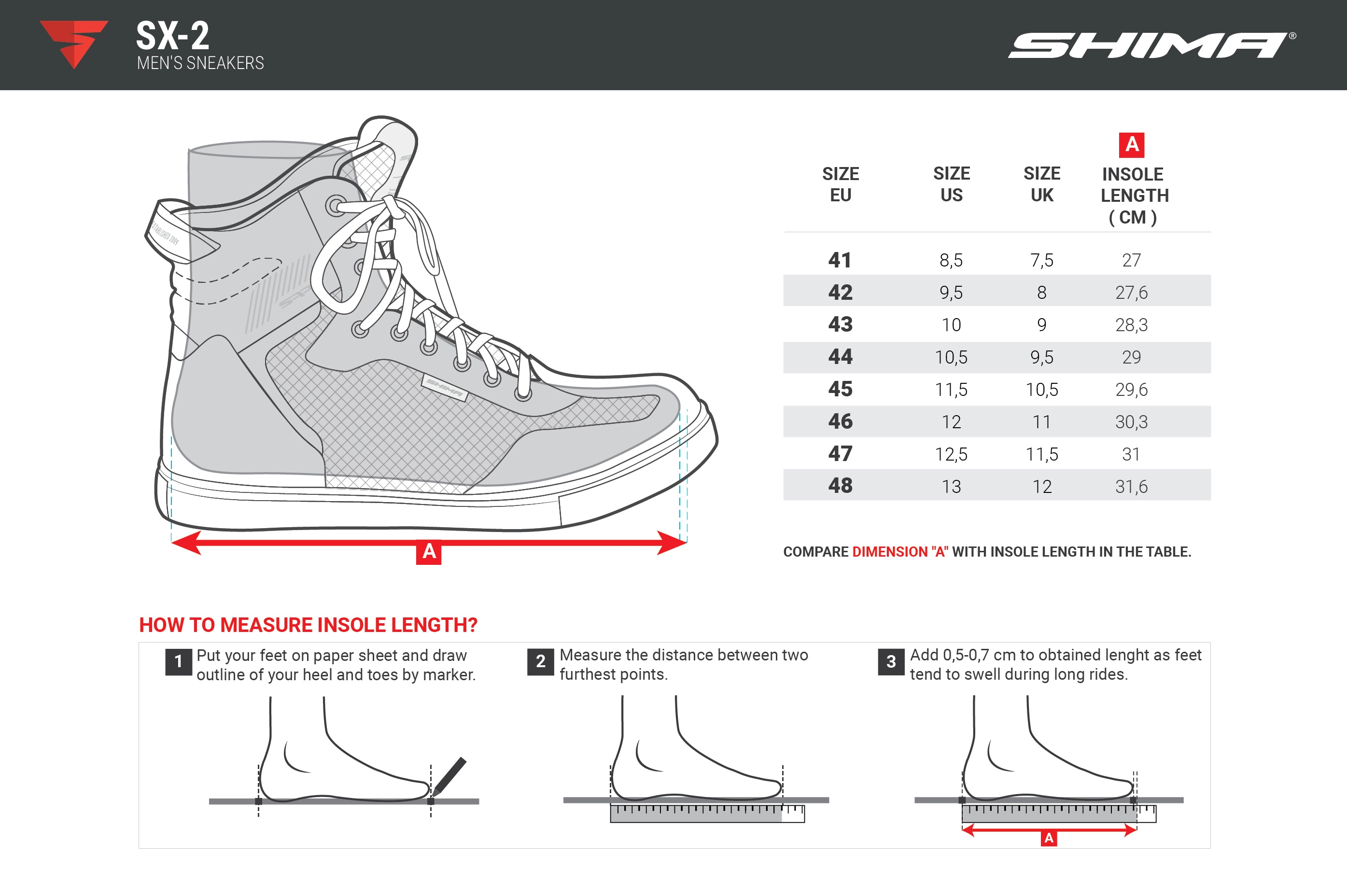 Tabela rozmiarów do buty motocyklowe SHIMA SX-2