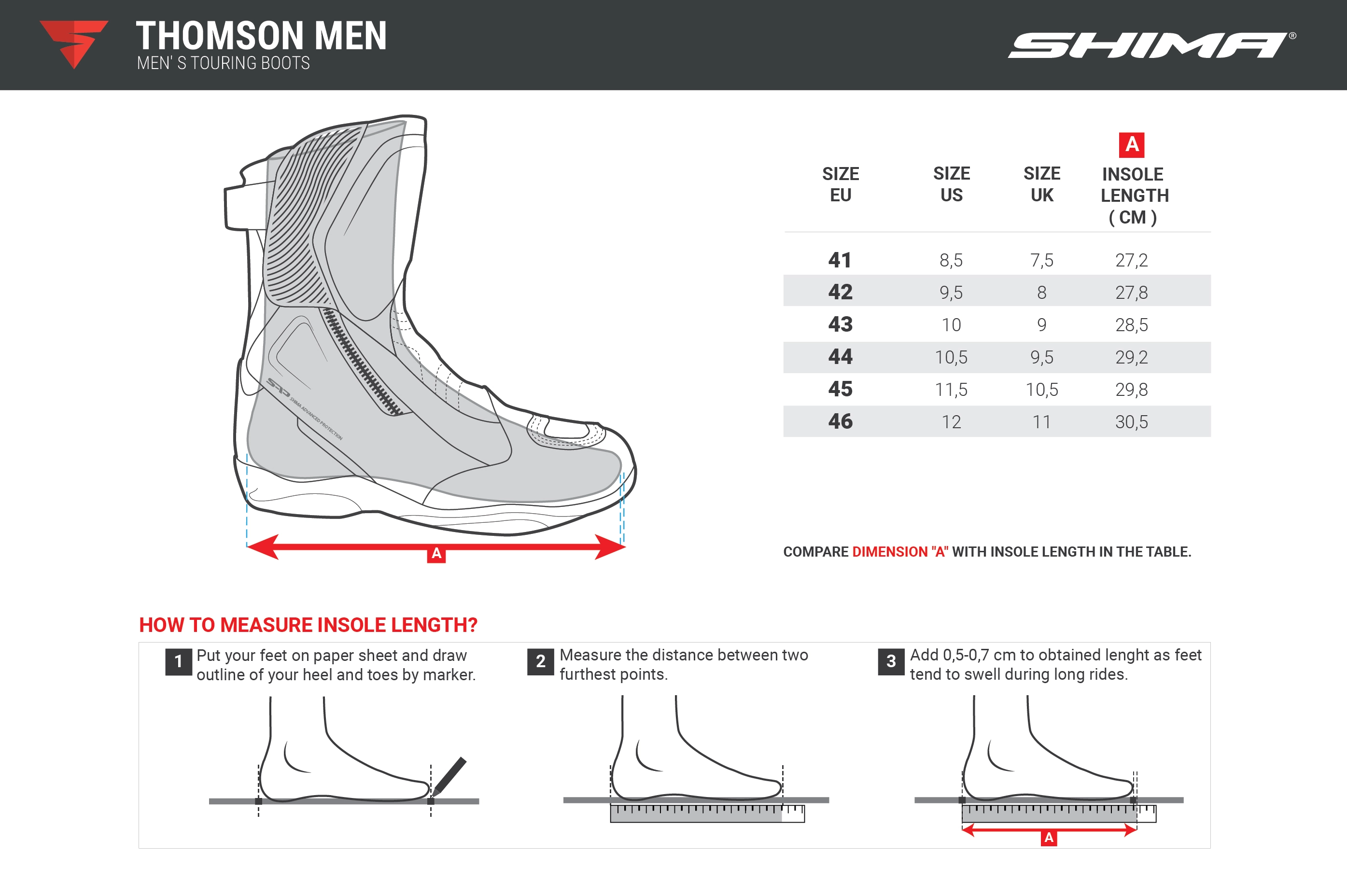 Tabela rozmiarów do buty motocyklowe SHIMA TERRA